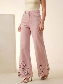 Anewsta Fashion Embroidered Hollow-Out Flared Jeans - Pink - View 5
