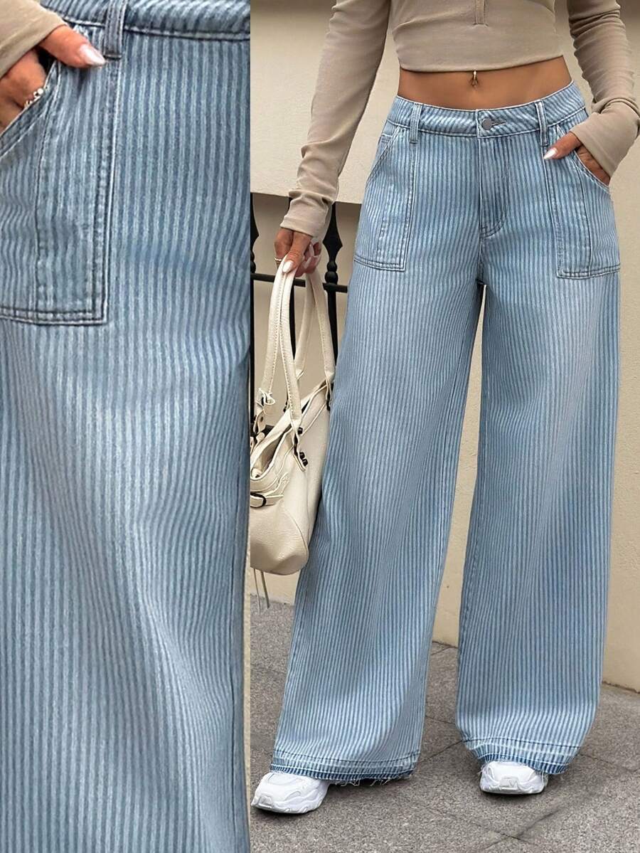 Flexra Women's Light Wash Blue Non-Stretch Striped Loose Wide Leg Denim Pants - Light Wash - View 1