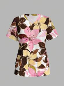 PopScrub Fun Floral & Leaf Print Colorblock Casual Minimalist Scrub Top - Multicolor - View 1