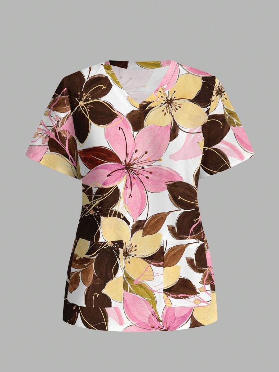 PopScrub Fun Floral & Leaf Print Colorblock Casual Minimalist Scrub Top - Multicolor - View 1