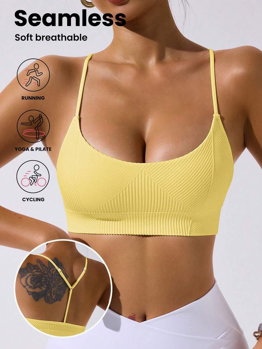SHEIN Sovereign Charm 女士纯色无缝透气运动吊带背心 - 黃色 - 查看 1