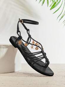 SHUZIA Women's Casual Comfy Metal Decor Flat Sandals - Black - View 6