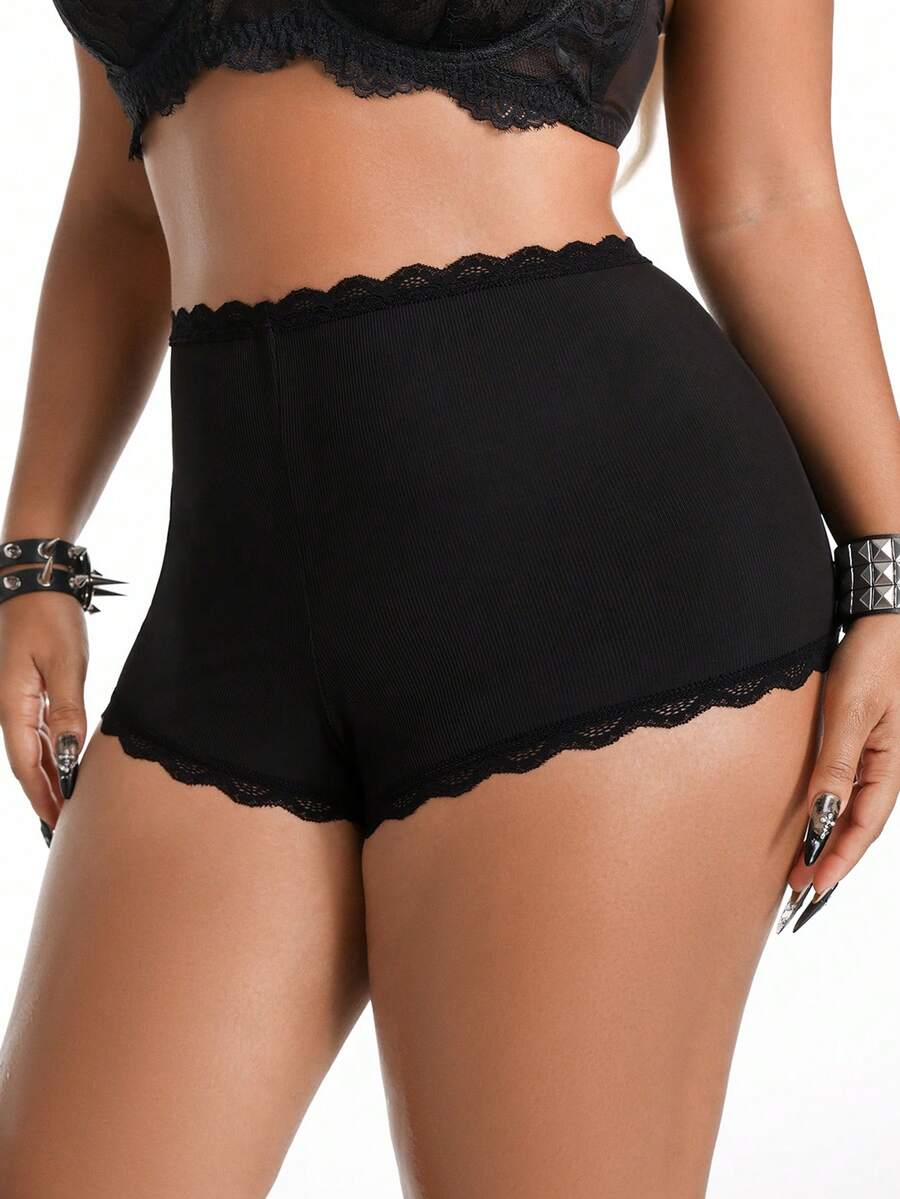 AltBold Plus Size Women's Lace Patchwork Casual Everyday Hipster Panties - Black - View 1