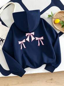 少女可愛蝴蝶刺繡拉鍊連帽長袖外套，返校秋季款 - 藏蓝色 - 查看 2