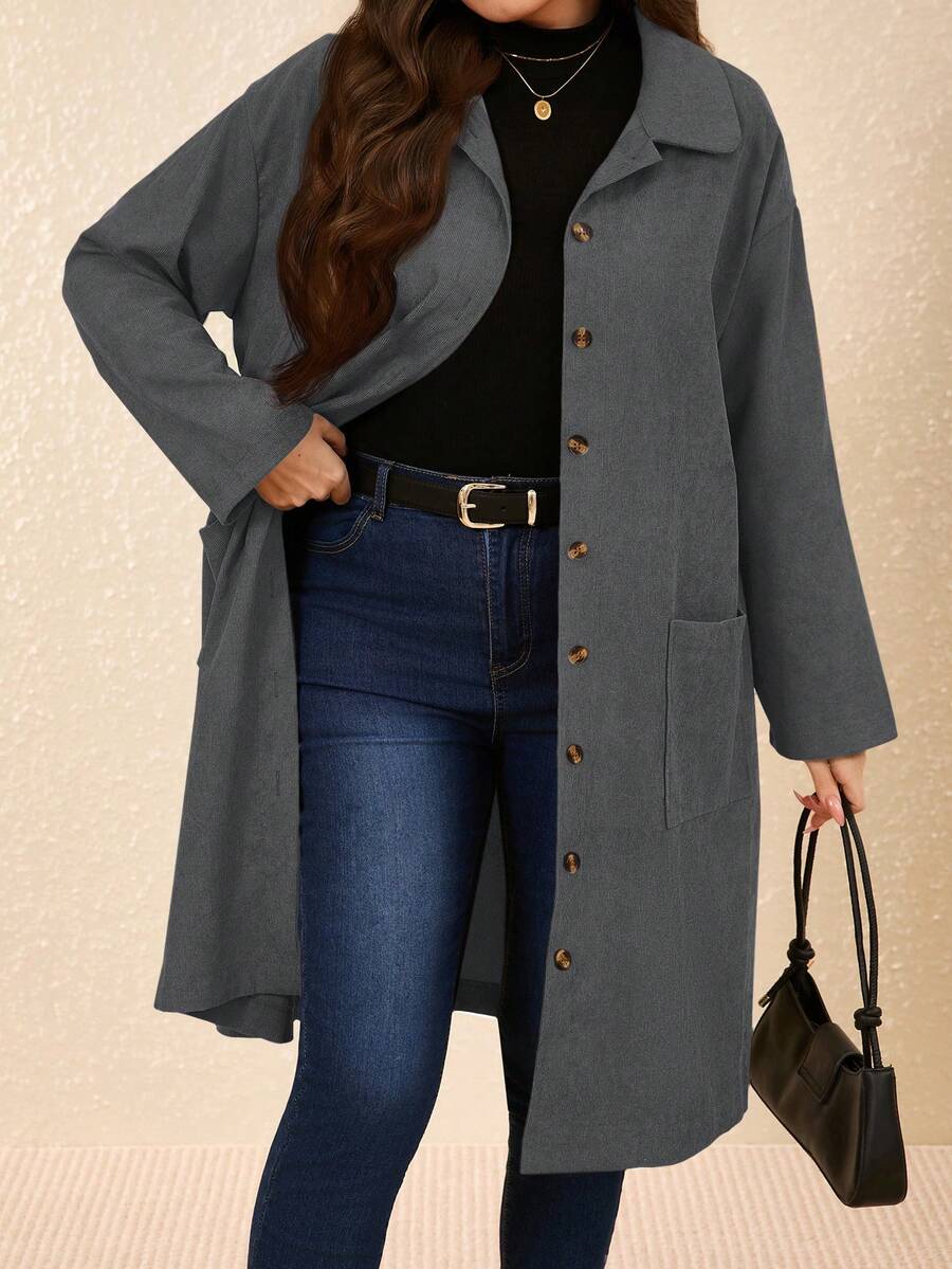 EMERY ROSE Plus Size Country Outfits Women Corduroy Double Pocket Button Placket Midi Coatan,Fall Women Clothes - Grey - View 1