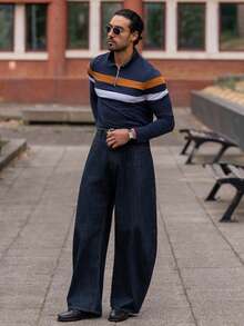 YOUESAWY YOUESAWY Men Color Block Quarter Zip Collar Work Casual Polo Shirt For Husband, For Fall, Long Sleeve Top - Multicolor - View 1