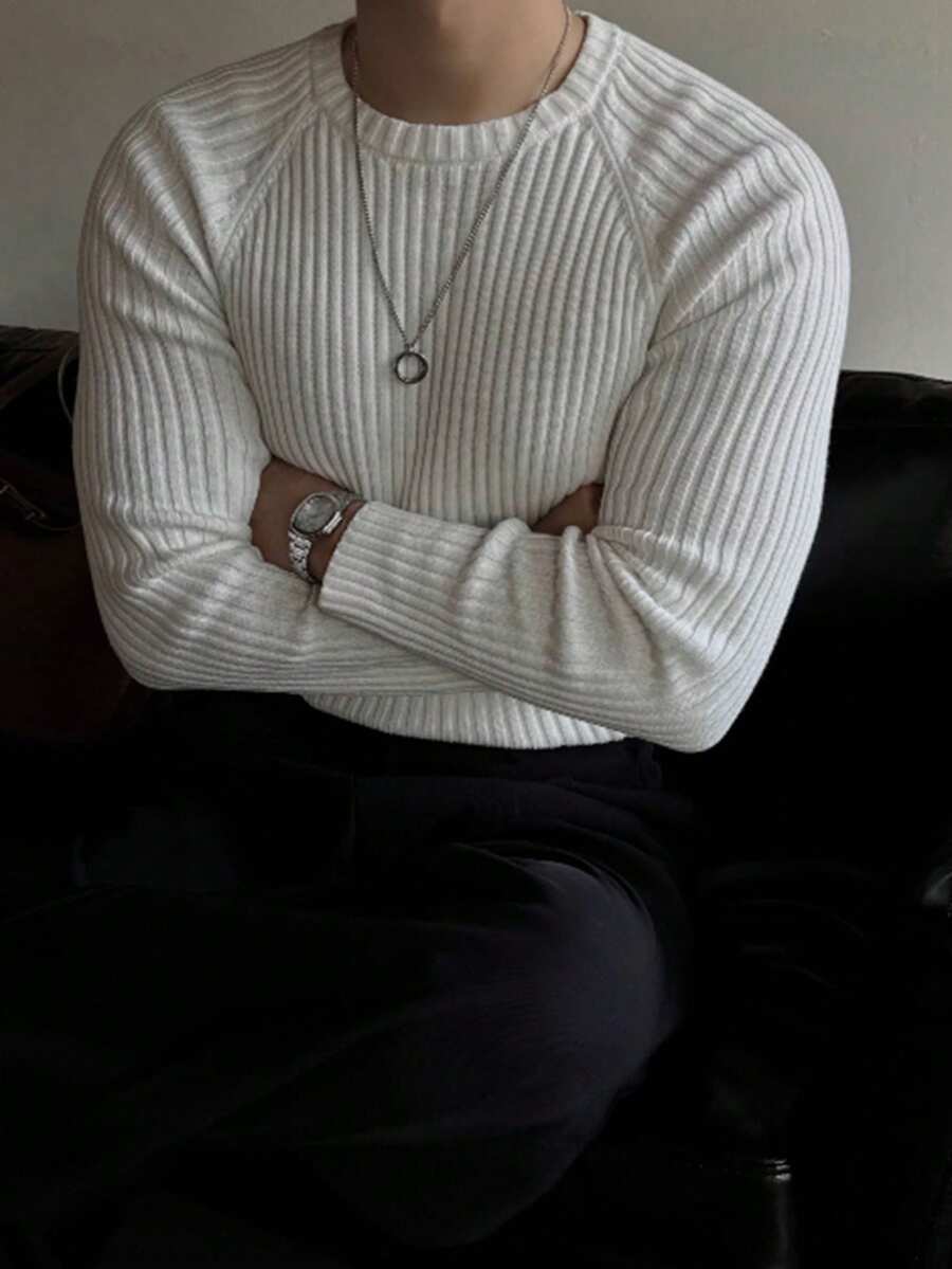 DAZY White Solid Color Slim Fit Raglan Sleeve Crew Neck Men's Sweater, Can Be Worn As Base Layer Or Outerwear Long Sleeve Tops - White - View 1
