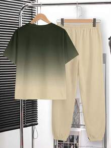 Tween Boy Casual Comfortable Fashion Minimalist Crew Neck Short Sleeve T-Shirt And Long Pants Set, Classic Cool Gradient Color Pattern Print, Cool Sports Logo Graphic Print, Suitable For Spring/Summer, Back To School Season - White - View 4