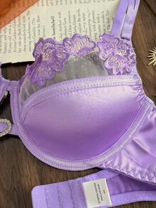 Divavoom Women's Sexy Hollow Lace Striped Satin Non-See-Through Underwire Bra And T-Back Panty Lingerie Set, 2 Pieces - Purple - View 5