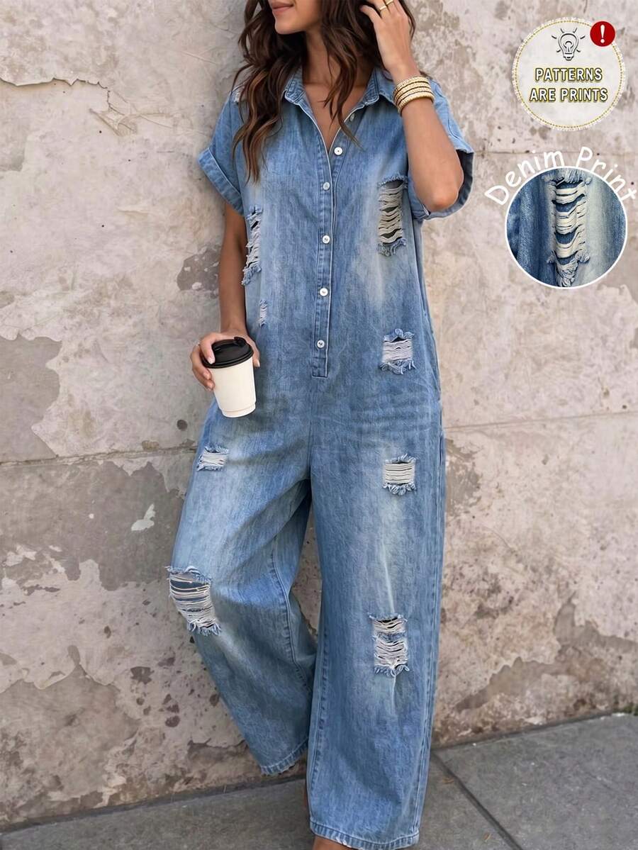 SHEIN 大尺碼寬鬆休閒優雅通勤丹寧效果印花鈕扣短袖連身褲 - 藍色 - 查看 1