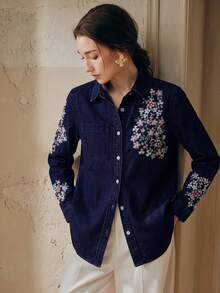 Anewsta 女款春夏時尚優雅大花刺繡情人節浪漫派對度假風藍色長袖襯衫牛仔褲 - 藏蓝色 - 查看 7