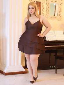 CHERRY TINTT SELECTION Plus Size Women Satin Asymmetrical Hem Adjustable Strap Backless Shawl Collar Dress, Autumn/Winter Elegant Summer - Coffee Brown - View 4