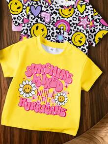 SHEIN Elladie kids 女童 6 件套時尚休閒套裝，包含紮染臉孔、豹紋臉孔、彩虹愛心與花卉臉孔字母印花短袖上衣、臉孔印花短褲，柔軟舒適，適合夏季外出穿著 - 彩色 - 查看 6