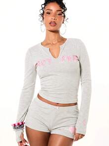 BABYPHAT Logo Ribbed Crop Top And Booty Shorts Co-Ord Set With Heart Detail And Pink Bow Trim - Grey - View 7