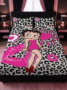 Betty Boop x SHEIN 3-Piece Set, Gray Background Pink Cartoon Character Printed Mattress Set, Pink Cartoon Pattern, Cartoon Character Decoration, Leopard Print Pattern, Suitable For Room Decoration, Microfiber Material, Machine Washable, Multi-Season Application - Multicolor - View 1