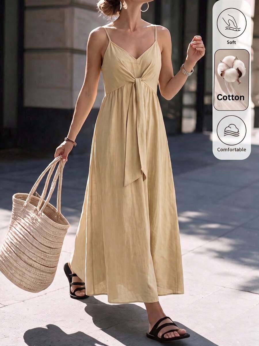 Louniche 女款秋冬休閒純棉前綁帶細肩帶洋裝,適合度假、日常穿著、購物 - 卡其色 - 查看 1