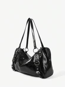 Viva Strut Ladies Shoulder Bag, Y2K Punk Street Style, Fashion Avant-Garde, Rivet Buckle Metal Decoration, Large Capacity, Suitable For College Travel Shopping - Black - View 3