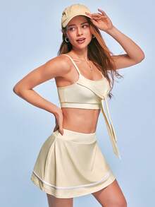 SHEIN Sports Women's Minimalist Tie Strap Tank Top And Striped Contrast Color Mini Skirt Sports Set - Multicolor - View 5