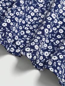 SHEIN Tween Girl Navy Ditsy Floral Dress, Suitable For Vacation, Teenage, Casual Wear - Blue and White - View 8