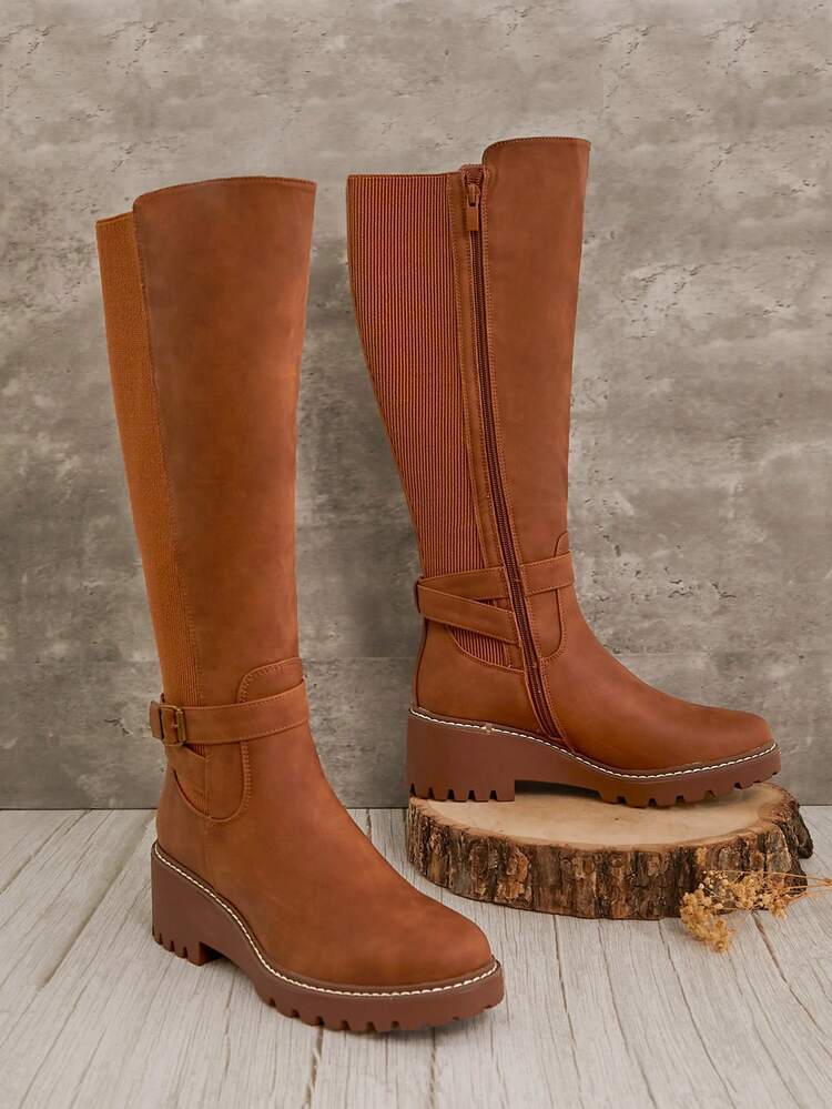 SHUZIA Women's Tan Tall Riding Boots With Elastic Back-Wedge Sole, Buckle Detail, Stylish, Comfortable.Perfect For Versatile Wear. Holiday Vacay Vibe For Summer Shoes Spring Shoes Spring Break Easter For Christmas - Khaki - View 3