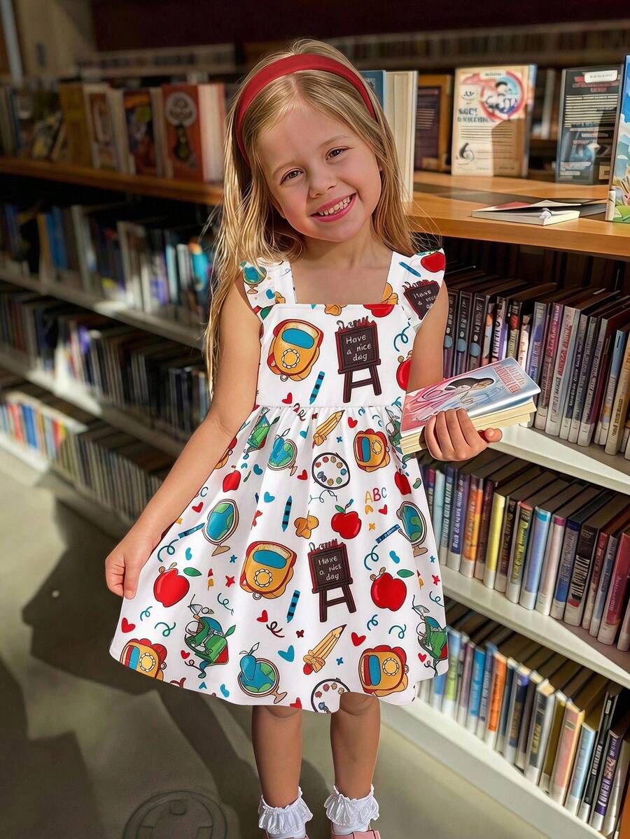 Emery Rose Kids Young Girl Summer Casual Pencil Heart Print Dress - Red - View 1