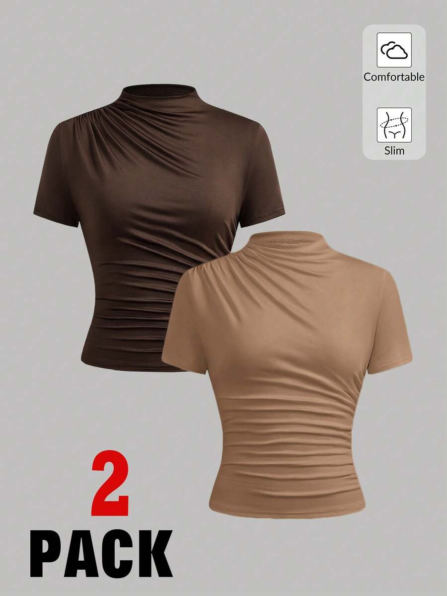 SHEIN Teen Girls 2pcs/Set Solid Color Ruched Small Stand Collar Short Sleeve T-Shirts - Khaki - View 1