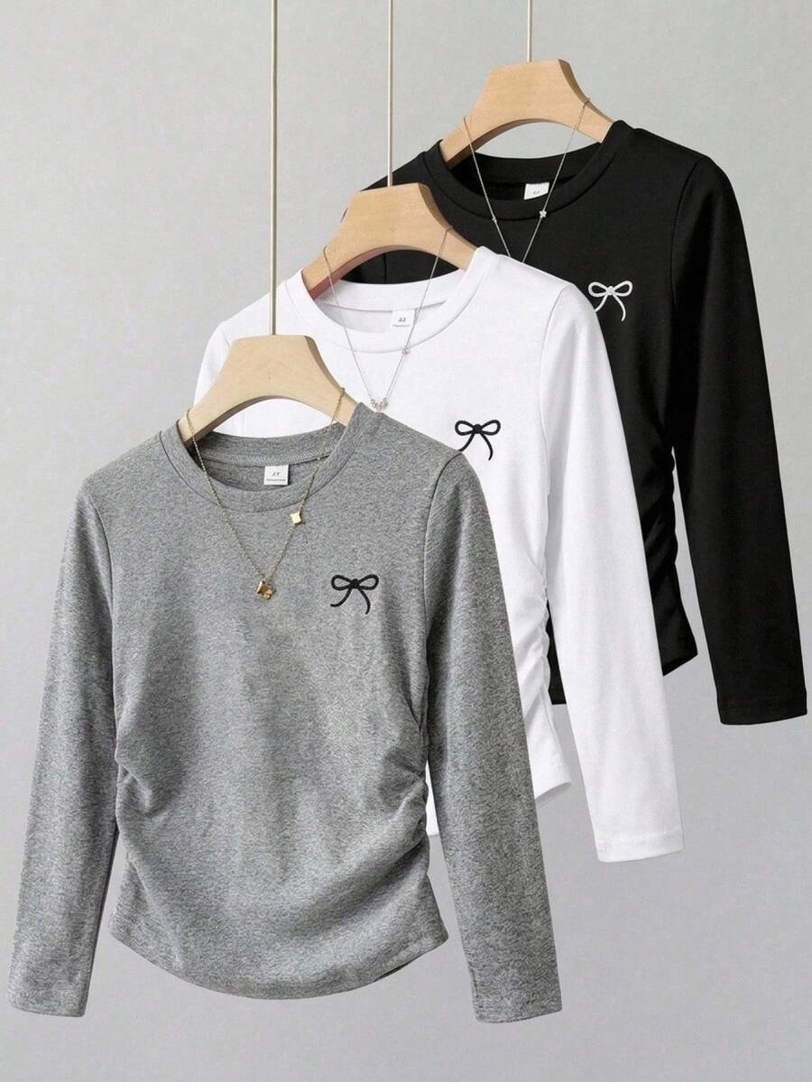 SHEIN 3件組女款韓式簡約百搭蝴蝶結刺繡圓領長袖T恤,黑白灰配色,秋冬內搭打底衫 - 彩色 - 查看 1
