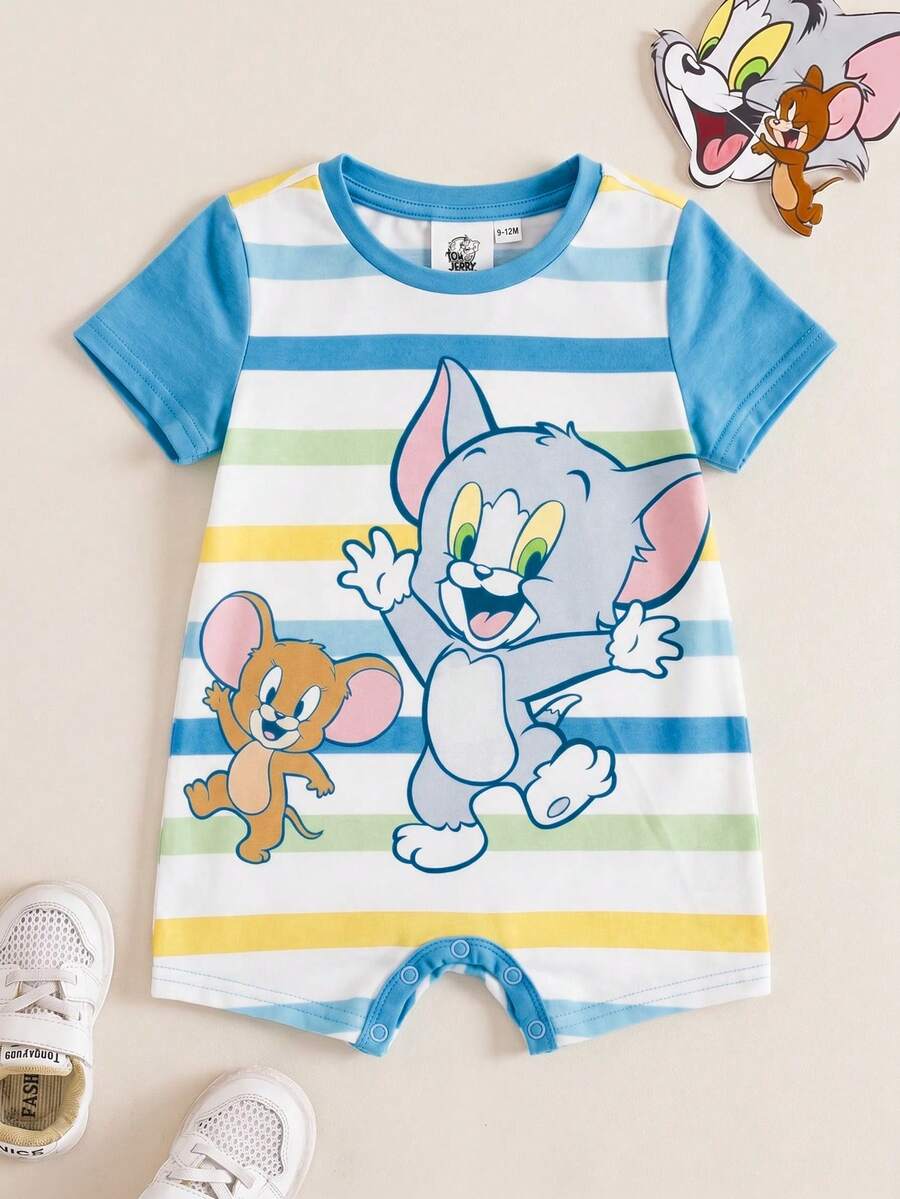 TOM & JERRY X SHEIN 男嬰拼接色條紋寬腿印花連身衣 - 藍色 - 查看 1