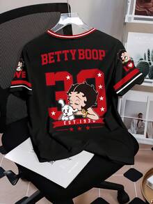 Betty Boop x SHEIN 女款字母卡通印花圓領短袖休閒T恤 - 白色 - 查看 2