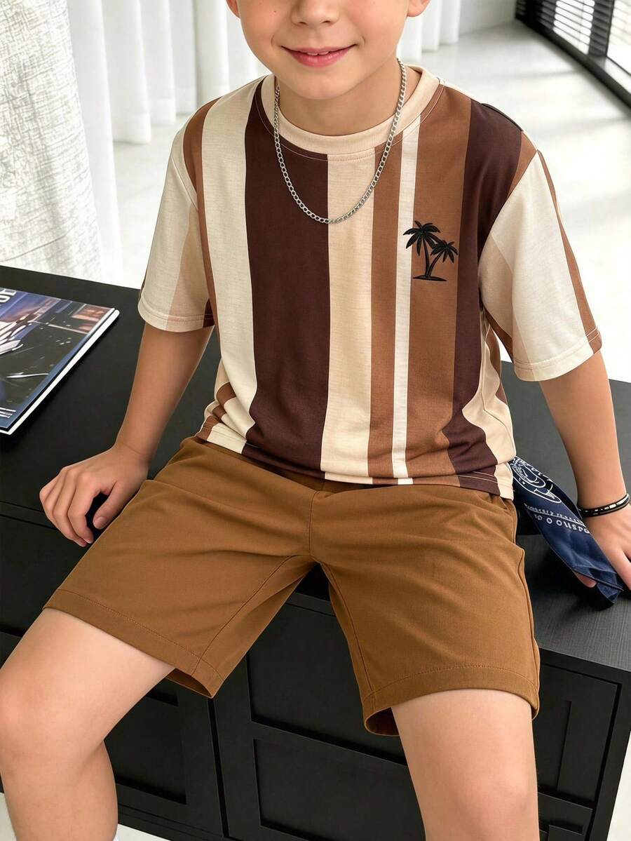 Vacaura 2pcs Boys Casual Multi-Color Striped Print Crew Neck T-Shirt & Shorts Set, Suitable For Daily Wear And Outdoor Outfits - Brown - View 1