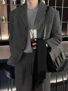 DAZY Dark Gray Base With White Stripes Commuter Top With Back Slit Design Men's Suit Set - Grey - View 1