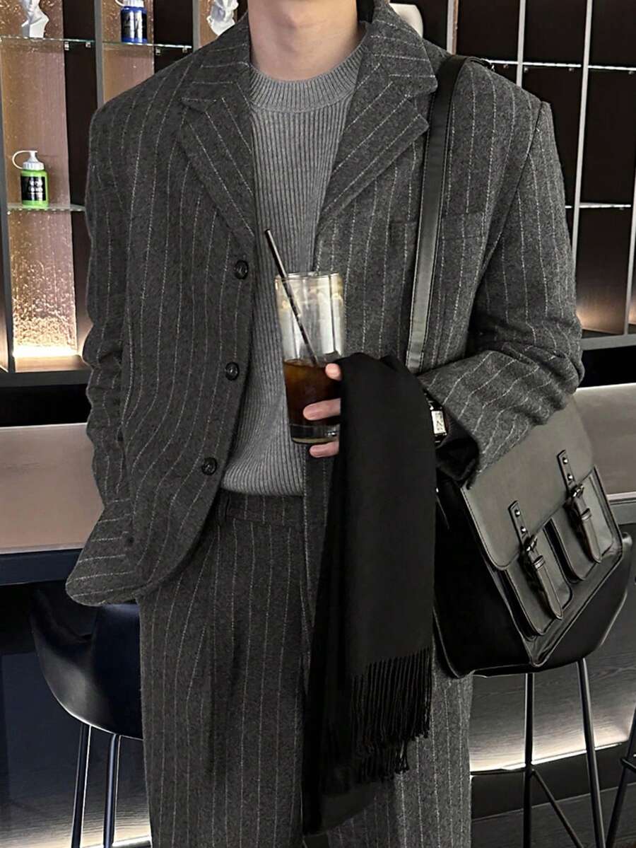 DAZY Dark Gray Base With White Stripes Commuter Top With Back Slit Design Men's Suit Set - Grey - View 1