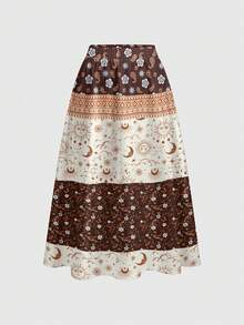 ROMWE Fairycore Boho Casual 90s Sun Moon Star Patchwork Elegant Vacation Gothic Dark Umbrella Skirt Plus Size Brown Summer - Camel - View 1