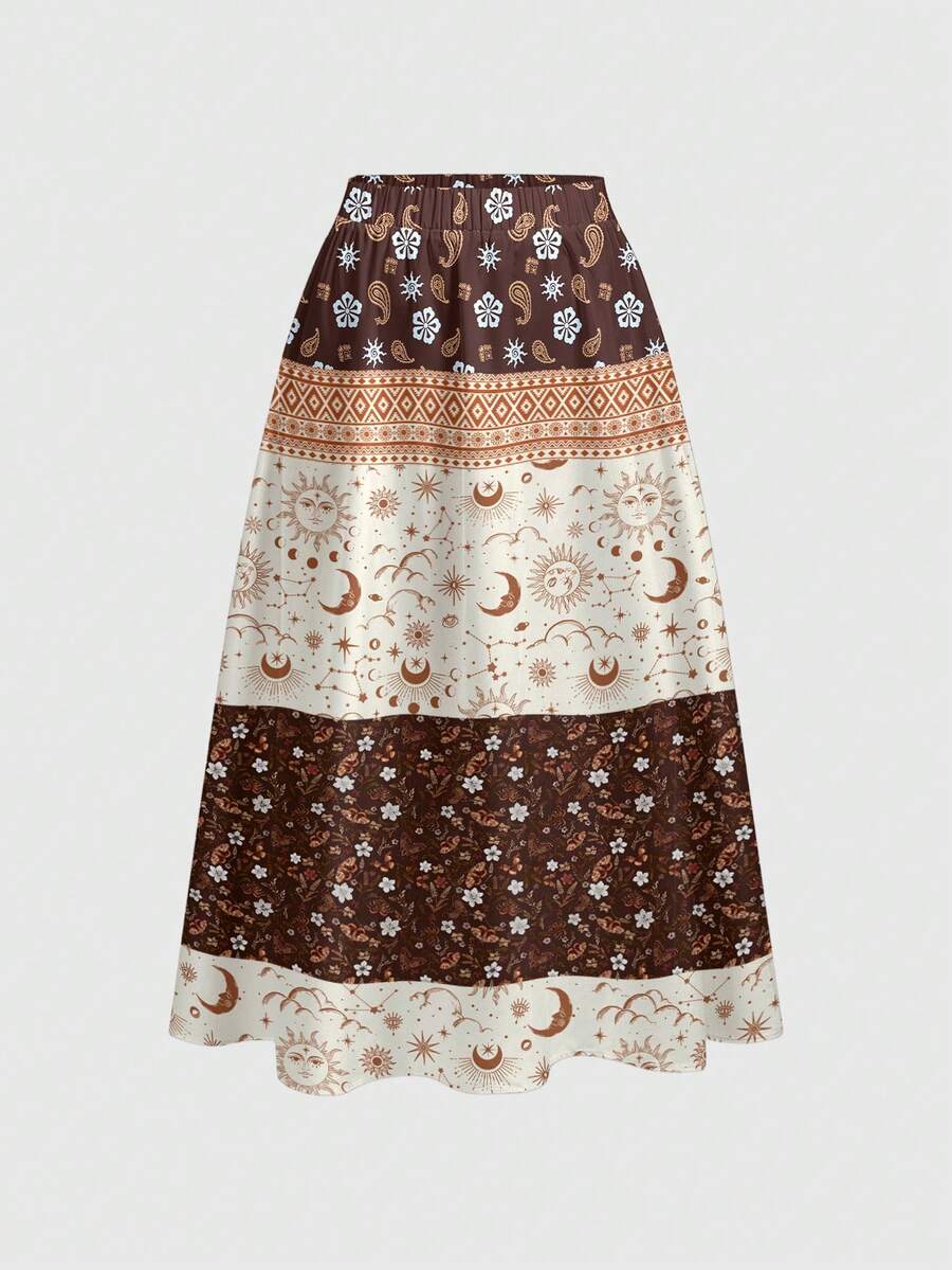 ROMWE Fairycore Boho Casual 90s Sun Moon Star Patchwork Elegant Vacation Gothic Dark Umbrella Skirt Plus Size Brown Summer - Camel - View 1