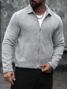 Manfinity Homme 男士經典翻領高級灰色百搭時尚休閒舒適成熟通勤日常居家極簡直筒口袋羊毛外套 - 灰色 - 查看 4