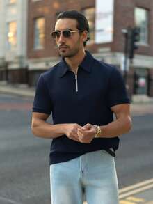 YOUESAWY YOUESAWY Men Solid Quarter Zip Polo Shirt, For Golf, Vacation, Father's Day Gifts, Football - Navy Blue - View 7