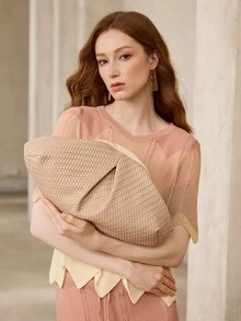 MOTF WOMEN'S FASHION PLEATED CLUTCH BAG, EXQUISITE SIMPLE APRICOT WOVEN PU BAG, FOR DAILY, DATING, VACATION, SHOPPING, COMMUTING - Apricot - View 5