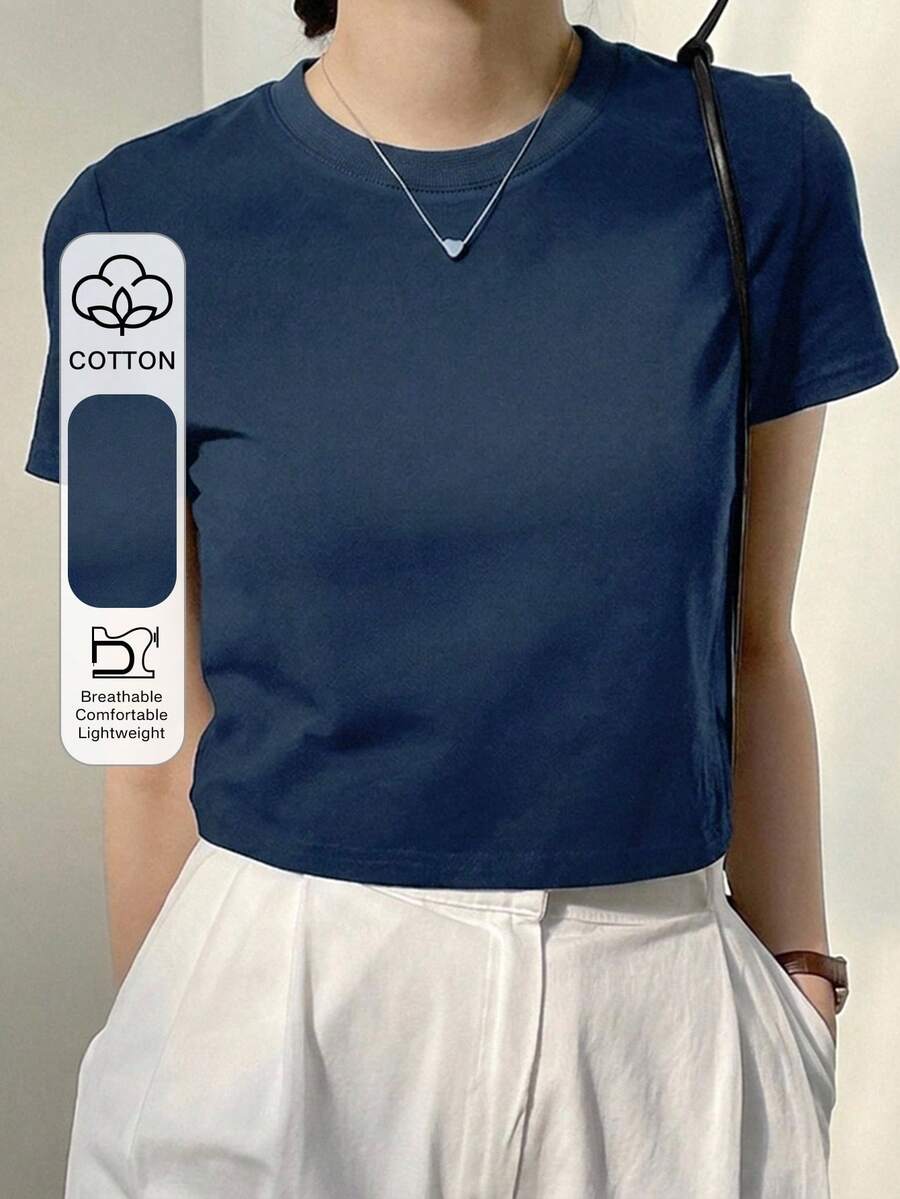 Dazy-Less Solid Crew Neck Crop Tee Summer Preppy Tops Business Casual Woman Work Clothes - Navy Blue - View 1