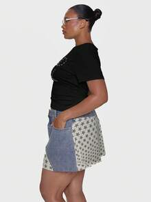 MUSERA 大尺碼鉚釘星星圖案標語圓領短袖修身T恤，可愛酷女孩風格，適合春夏度假假期日常穿搭，Bad Timing - 黑色 - 查看 4