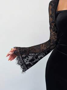 Firerie Gothic Style Sweetheart Neck Lace Flare Sleeve - Black - View 4