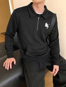 Mirajuku 青少年男孩半拉鍊 Polo 領運動衫，休閒街頭風可愛黑色長袖套頭衫，袋鼠口袋，秋冬季，適合六年級派對 - 黑色 - 查看 3