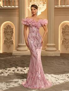 Glamrae Elegant Luxurious Glamorous Pink Exaggerated Organza 3D Ruffle Off-Shoulder Floor-Length Fitted Mermaid Wedding Event Heavy Embellished Evening Gown - Dusty Pink - View 7