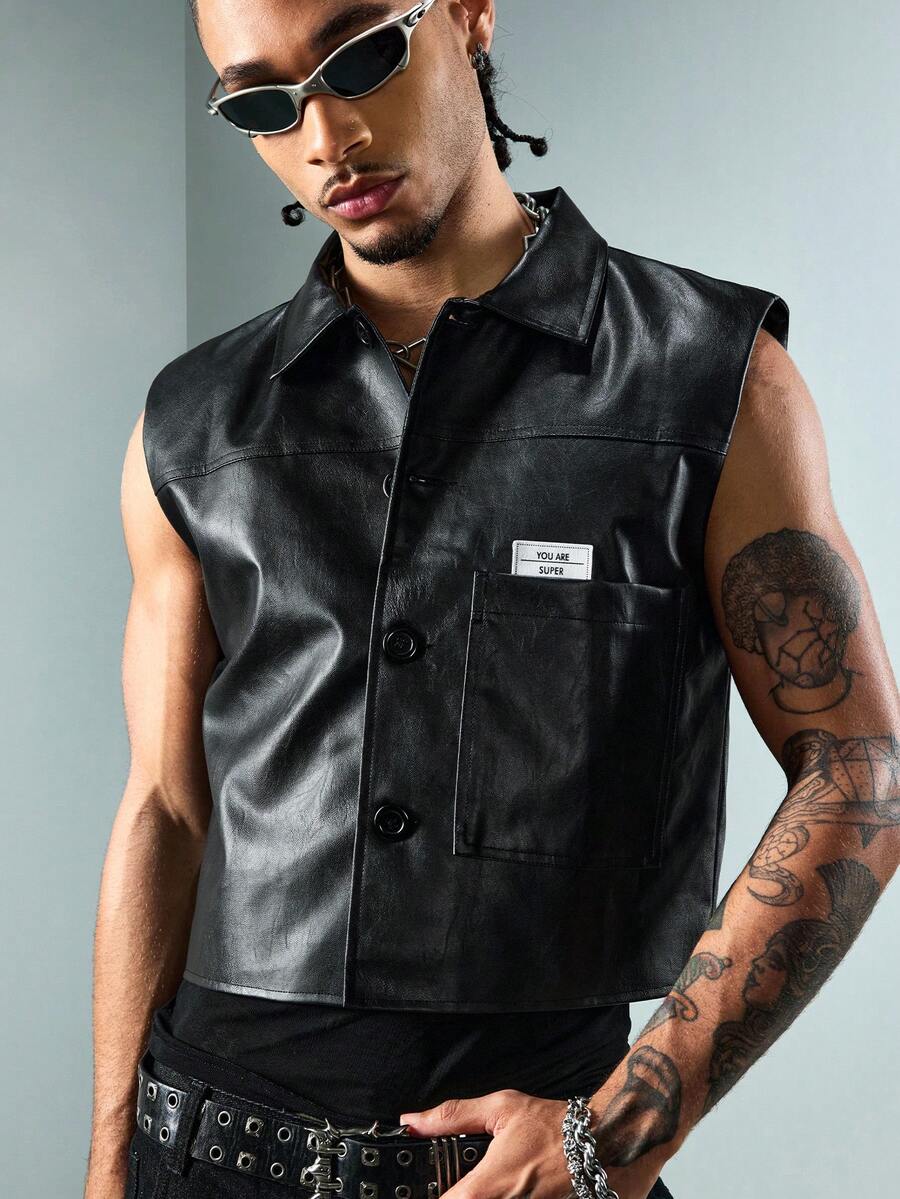 ROMWE MEN Street Life Men's Letter Print PU Leather Lapel Front Patch Vest - Black - View 1