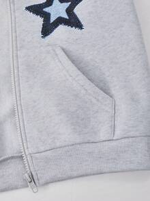 SHEIN Vacaura 大童男孩灰色星星圖案保暖內裡連帽拉鍊運動衫 美式字母印花休閒夾克 寬鬆復古連帽上衣 童裝 - 灰色 - 查看 6