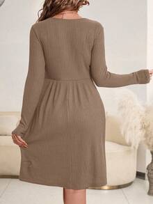 SHEIN Maternity Solid Color Round Neck Long Sleeve Casual Nursing Dress Fall - Camel - View 2