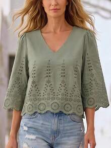 Hansera Women's V-Neck Embroidered Casual Versatile Daily Wear Top - Green - View 2