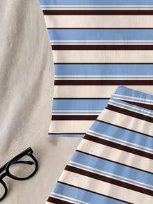 Paleta de colores Maillard Azul Blanco Marrón Bloques de color a rayas Camiseta sin mangas y pantalones cortos para adolescente chica Casual Minimalista Ajuste ceñido Ropa de estar en casa Adecuado para primavera verano, Bm, Vintage americano dulce, Relajado cómodo, Capas de otoño para niños, Reunión, Fiesta, - Multicolor - Ver 6
