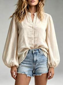 Breezaya Women's Solid Color Single-Breasted Casual Versatile Daily Wear Shirt - Apricot - View 3