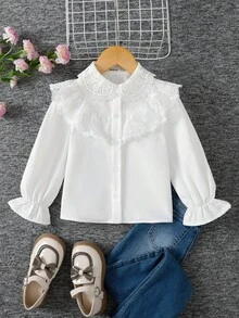 SHEIN 年轻女孩休闲学院风复古优雅修身蕾丝花边领泡泡袖纽扣白色梭织纯色衬衫 - 白色 - 查看 2