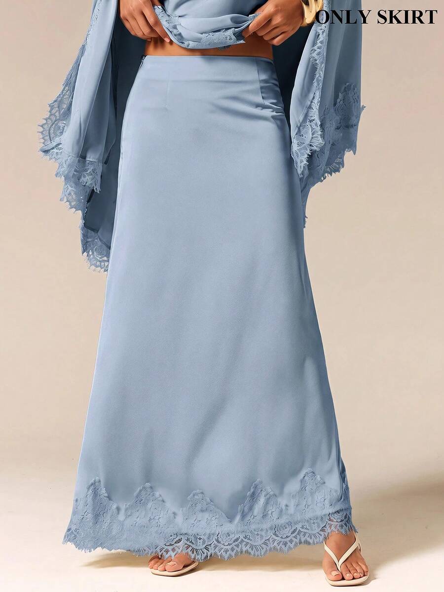 COSMINA 女款優雅浪漫純色蕾絲拼接裙,適合婚禮、晚餐、夜晚場合,灰藍色,夏季款 - 霧霾藍 - 查看 1